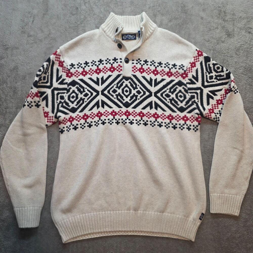 Chaps Sweater Mens M White Fair Isle Mock Neck Henley Long Sleeve Knit Pullover